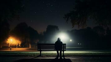 ai generado un persona sentado solo en un banco a noche, contemplando el oscuridad. generativo ai foto