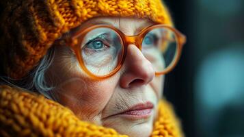 AI generated Elderly woman with blue eyes in autumn, reflective and warm portrait photo