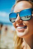 AI generated A woman in sunglasses enjoying the beach, with the sun shining and waves crashing in the background. photo