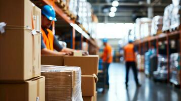 AI generated Warehouse workers in safety gear unloading cardboard boxes photo