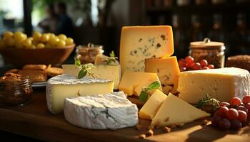 AI generated A rustic table with a variety of gourmet cheeses and fruits generated by AI photo