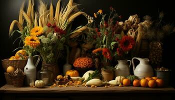 AI generated Autumn still life pumpkin, sunflower, and chrysanthemum decoration generated by AI photo