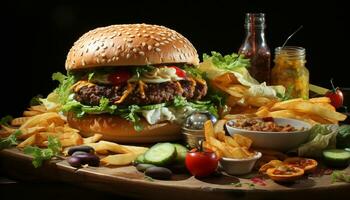 ai generado A la parrilla carne de vaca hamburguesa con queso, papas fritas, y Fresco ensalada generado por ai foto