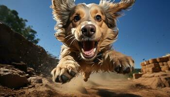 ai generado linda perrito correr, jugando, y saltando en el verano luz de sol generado por ai foto