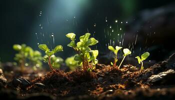 AI generated Fresh green seedling grows in wet dirt, symbolizing new life generated by AI photo