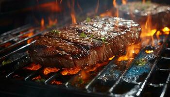 AI generated Grilled steak, cooked to perfection, smoky and mouthwatering generated by AI photo