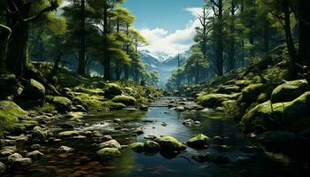 AI generated Tranquil scene mountain peak reflects in flowing water, nature beauty generated by AI photo