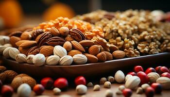 AI generated Healthy eating a variety of nuts on a wooden table generated by AI photo