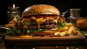 ai generado gastrónomo A la parrilla hamburguesa con queso con Fresco tomate en rústico un pan generado por ai foto