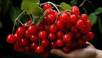 AI generated Freshness of ripe berries on a leaf, nature sweet refreshment generated by AI photo