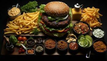 AI generated Grilled beef burger with fresh tomato on a sesame bun generated by AI photo