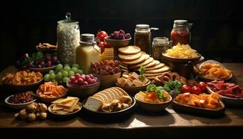 AI generated Freshness and variety on a rustic wooden table gourmet meal generated by AI photo