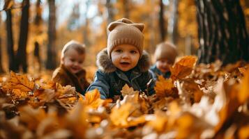 AI generated Three children being playful in the autumn leaves. Generative AI photo