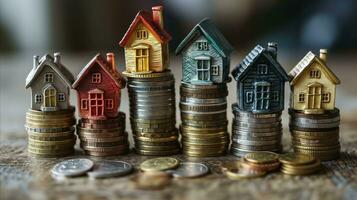 AI generated Colorful miniature houses on increasing coin stacks concept photo