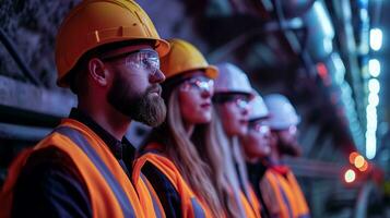 AI generated A team of construction workers wearing orange vests and hard hats, working together at a construction site. Generative AI photo