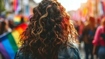 AI generated Back view of woman experiencing pride parade, diversity celebration photo