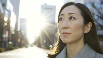 AI generated Professional asian woman contemplating future in city at sunset photo