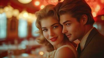 ai generado un Pareja sonriente y posando para un foto en un restaurante, capturar un alegre momento juntos.