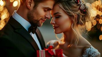 AI generated Romantic couple sharing gift moment in festive evening attire photo