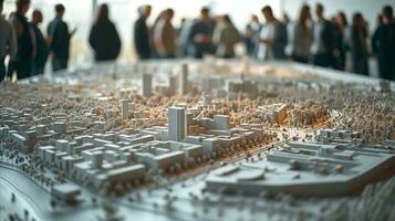 AI generated Detailed model cityscape with people observing in exhibition space photo