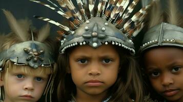 AI generated Three children wearing Native American headdresses, representing cultural diversity and traditional attire. photo