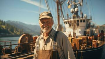 AI generated An old fisherman stands on the pier with a boat in the background. Generative AI photo