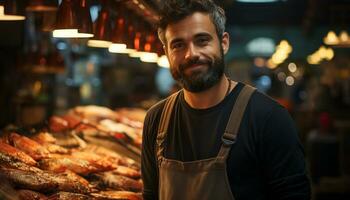 ai generado un seguro, sonriente hombre, propietario de un comida almacenar, trabajando generado por ai foto