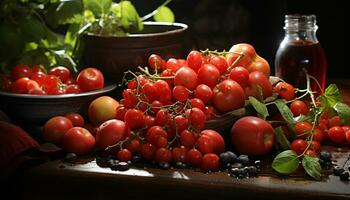 AI generated Freshness of organic tomato, healthy eating on wooden table generated by AI photo