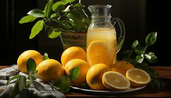 AI generated Fresh citrus fruit slice on wooden table, refreshing summer drink generated by AI photo