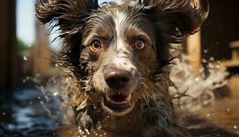 AI generated A wet, cute puppy playing in the rain, looking adorable generated by AI photo