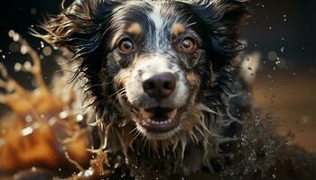 AI generated Wet puppy splashing, playful, loyal, looking at camera, cute image generated by AI photo