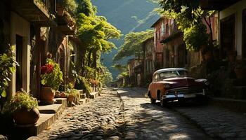 AI generated Old fashioned car drives through rustic Italian countryside, embracing history and culture generated by AI photo