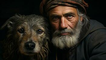 ai generado un sonriente hombre con un barba y gris cabello, mirando a cámara con su perro generado por ai foto