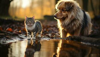 ai generado iluminado por el sol césped, juguetón perrito y gatito, de pura raza perro y gato generado por ai foto