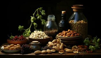 AI generated Healthy eating Fresh organic fruit and nut bowl on wooden table generated by AI photo