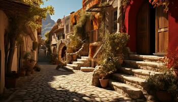 AI generated Ancient stone staircase leads to old building surrounded by nature generated by AI photo