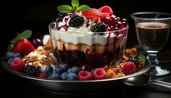 AI generated Freshness in a bowl blueberry, raspberry, and strawberry parfait generated by AI photo