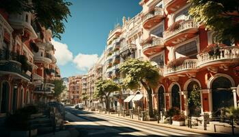 ai generado famoso ciudad calle iluminado por multi de colores linternas a oscuridad generado por ai foto