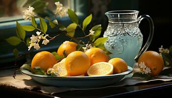 AI generated Fresh lemonade on wooden table, a refreshing summer drink generated by AI photo