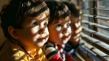 ai generado Tres niños son mirando fuera un ventana. generativo ai foto