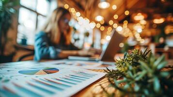 AI generated Businesswoman analyzing data charts on laptop in cozy cafe environment photo