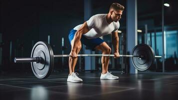 AI generated A man performing a squat exercise with a barbell, focusing on building strength and muscle in his lower body. Generative AI photo