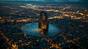 ai generado candado en un congelado plataforma con vista a ciudad luces a noche concepto foto