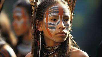 ai generado un joven niña con pintado cara y plumas representando tribal cultura. generativo ai foto