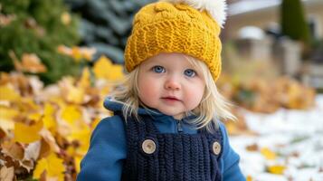 AI generated A little girl in a yellow knit beanie poses. Generative AI photo