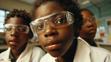 AI generated Three young black children wearing glasses in a lab, engaged in scientific experiments. Generative AI photo