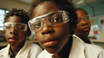 ai generado Tres joven negro niños vistiendo lentes en un laboratorio, comprometido en científico experimentos generativo ai foto