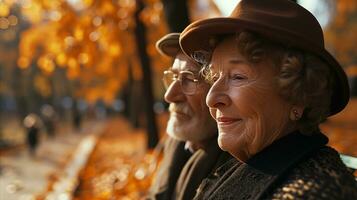 ai generado un más viejo Pareja sentado en un banco en el parque. generativo ai foto