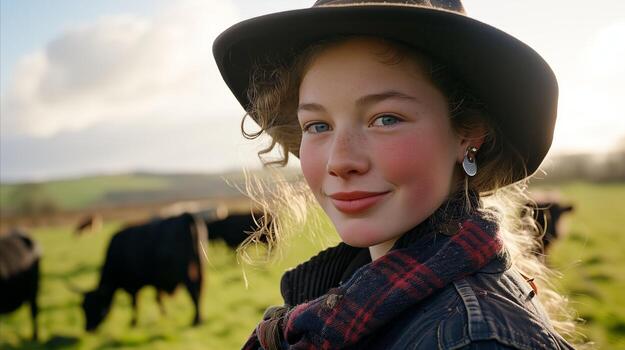 AI generated Young girl in cowboy hat on a field with cows behind her. Generative AI photo