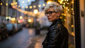 AI generated Stylish young woman in leather jacket on city street at twilight photo